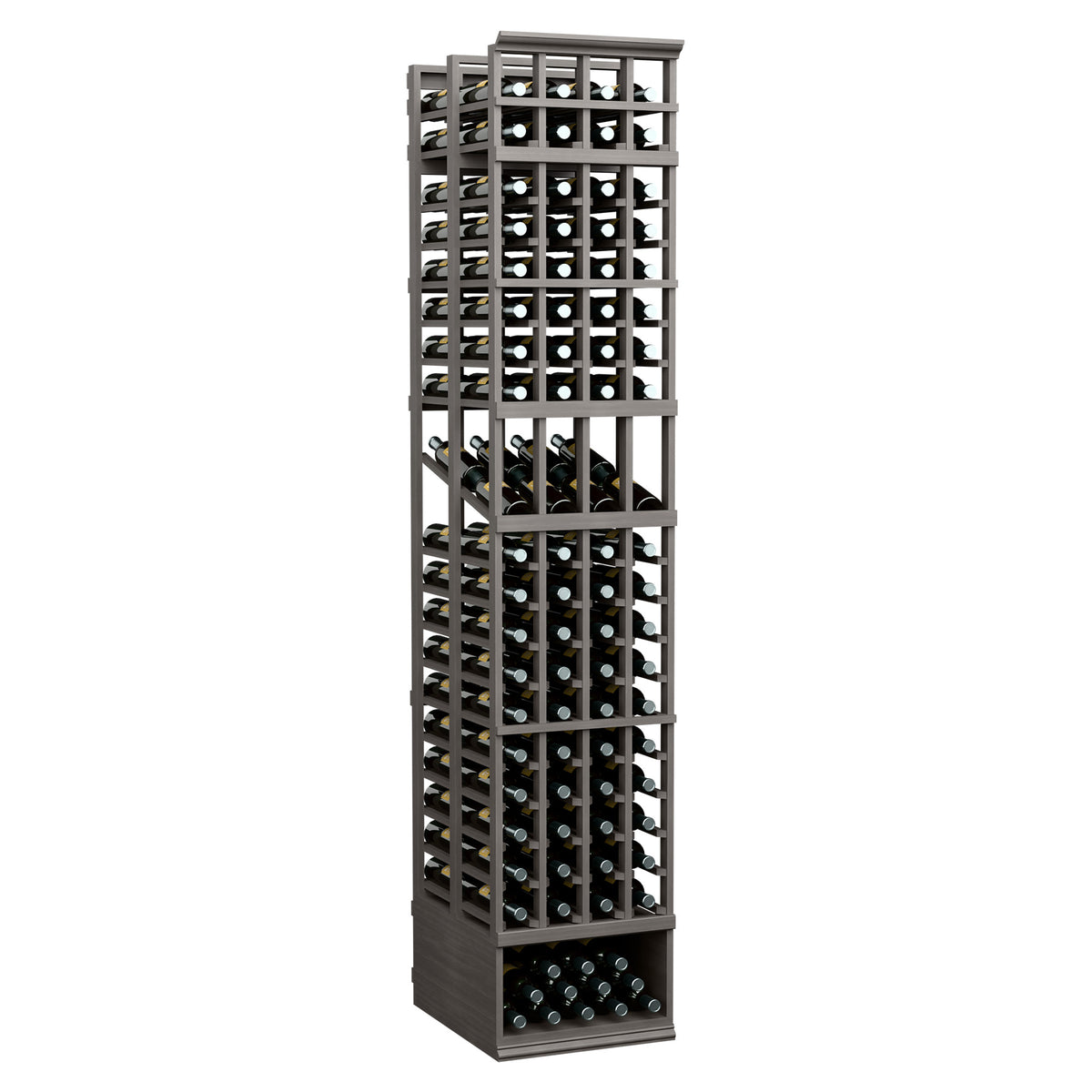 Dark gray four-column double deep wine bottle display rack with wire bottle cradles.