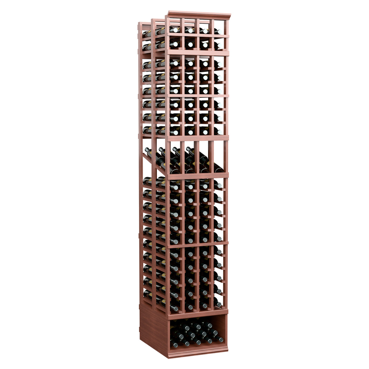 Red-brown four-column double deep wine bottle display rack with front bottle slots and base shelf.
