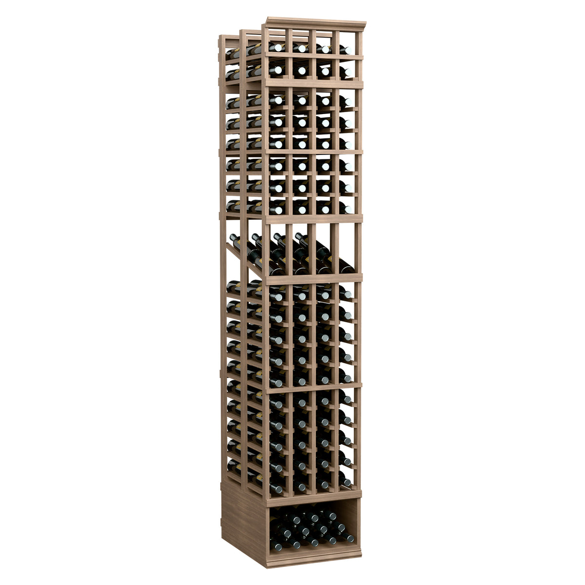 Natural light wood four-column double deep wine bottle display rack with lower bottle row shelf.