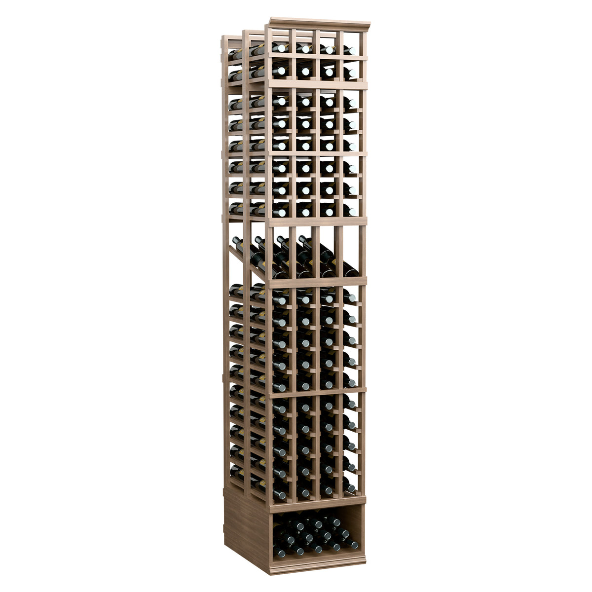 Natural light wood four-column double deep wine bottle display rack with tall front bottle grid.