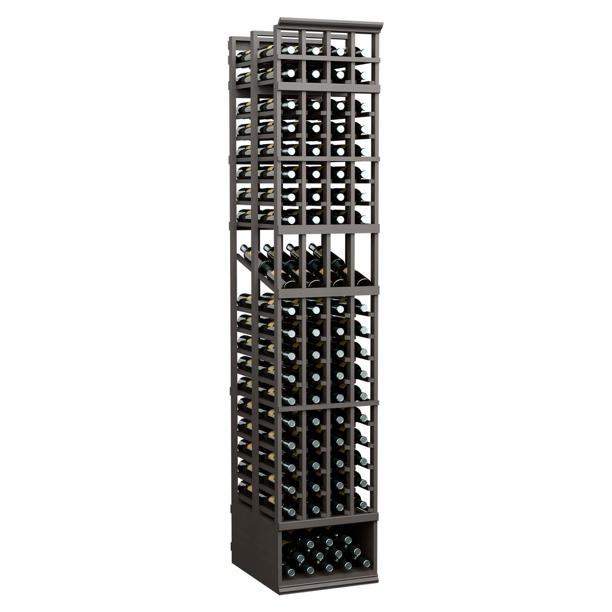Dark gray four-column double deep wine bottle display rack with front grid and bottom bottle shelf.