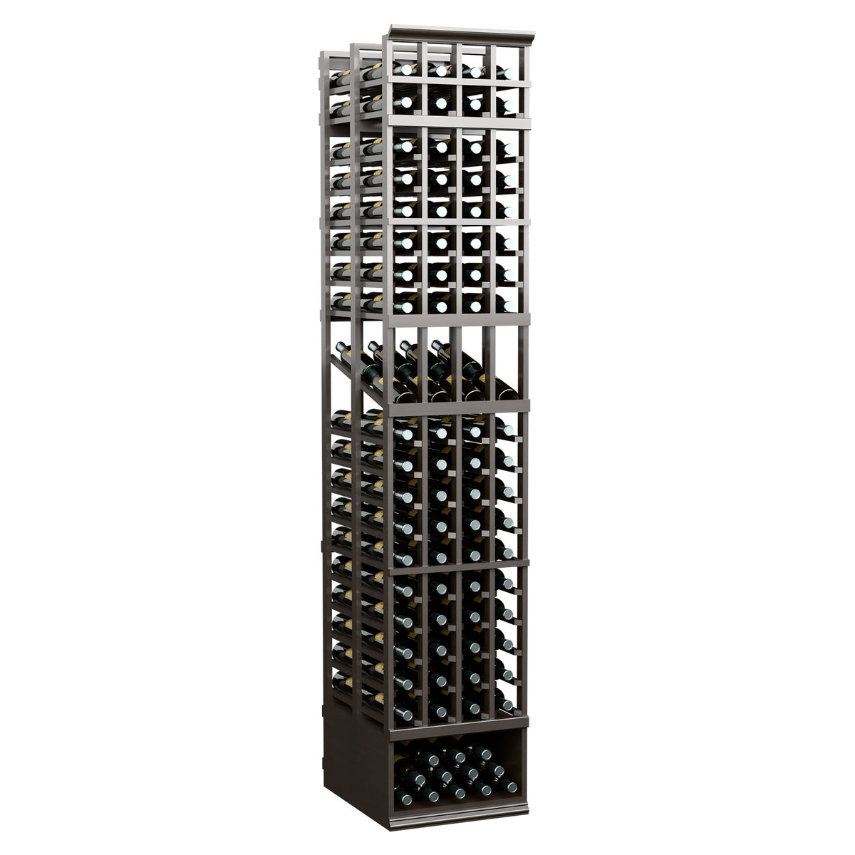 4-column double-deep wine display rack, dark wood frame with bottle slots
