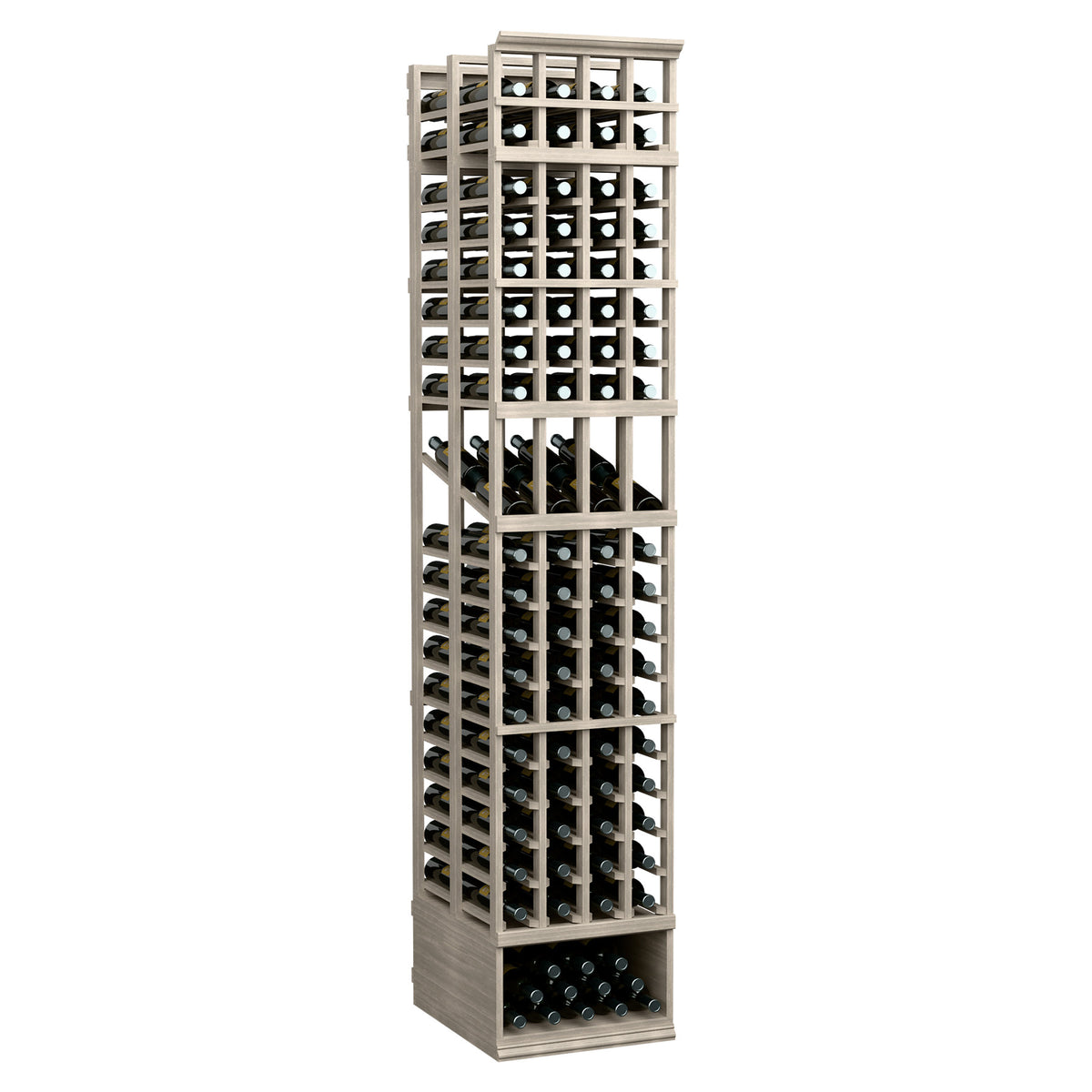 4-column double-deep wine display rack, light wood frame with bottle slots