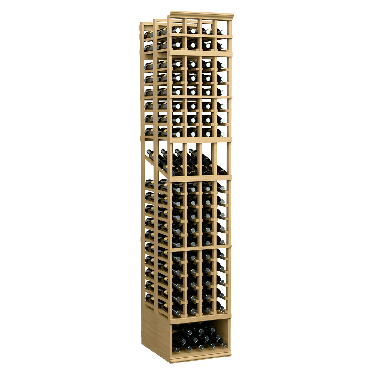 4-column double-deep wine display rack, natural wood frame with wine bottle slots