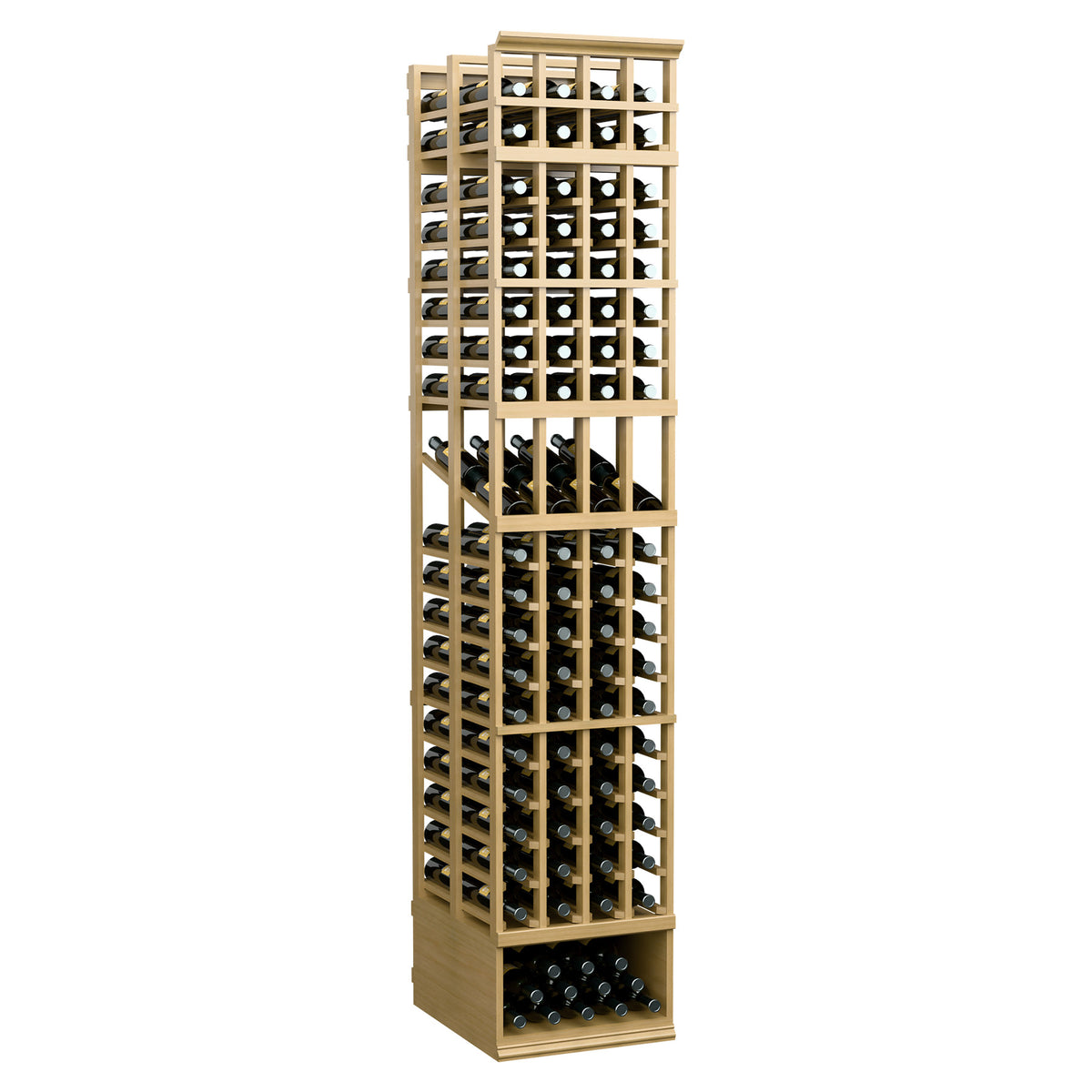 4-column double-deep wine display rack, natural wood frame with multi-row bottle holders
