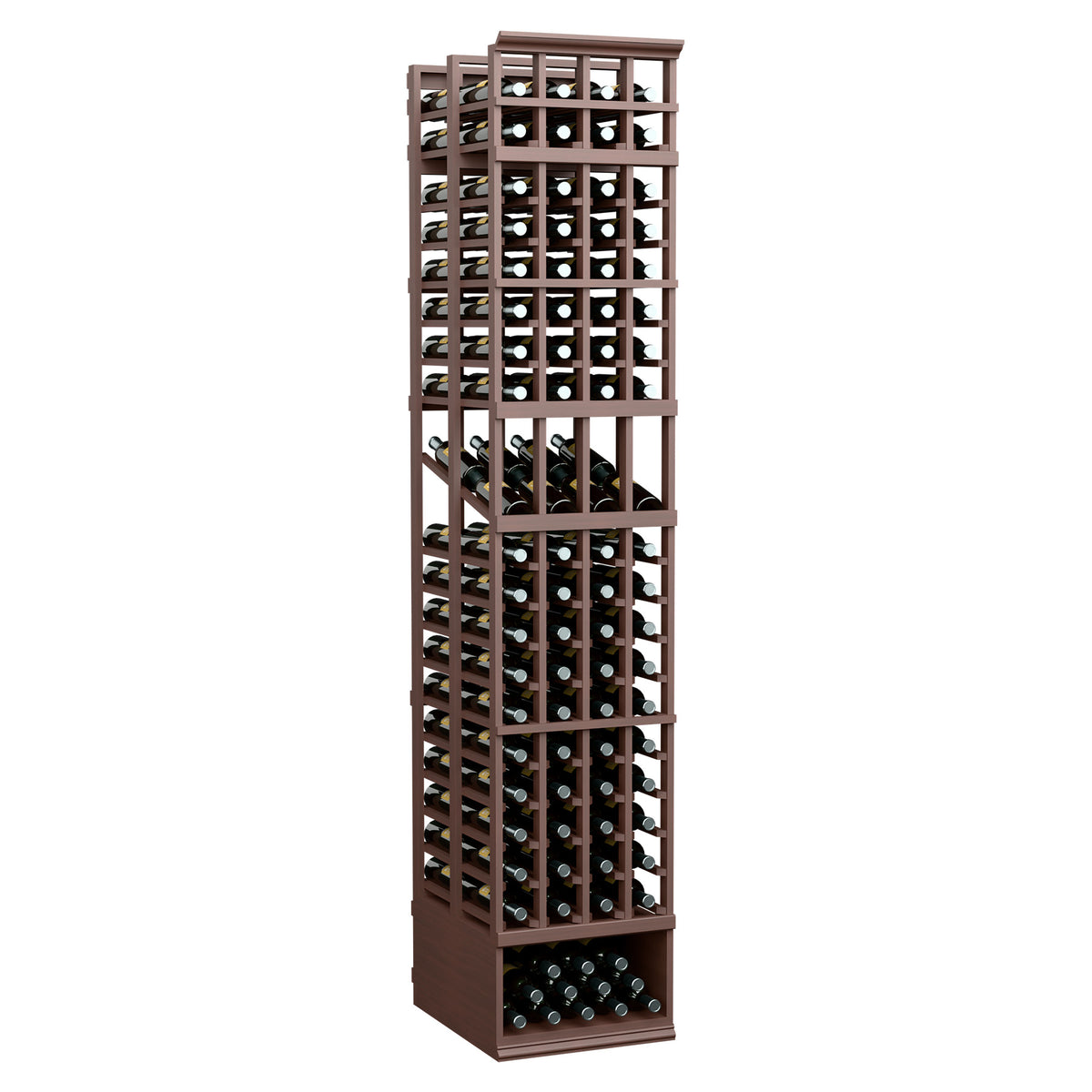 4-column double-deep wine display rack, medium brown wood frame with bottle slots