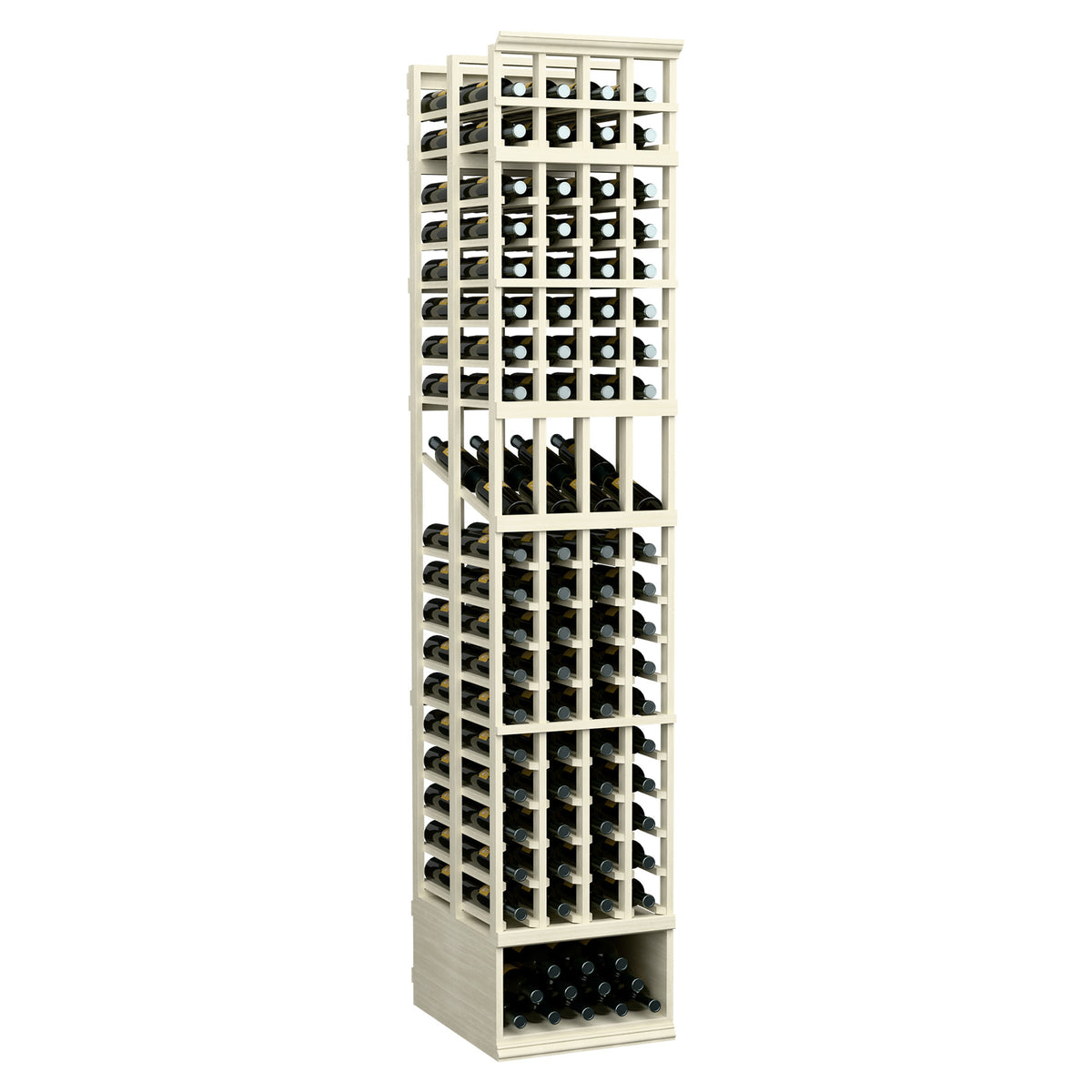4-column double-deep wine display rack, white-washed wood frame with bottle slots
