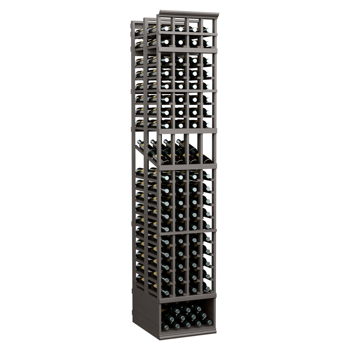 4-column double deep wine display rack in dark wood with front bottle slots