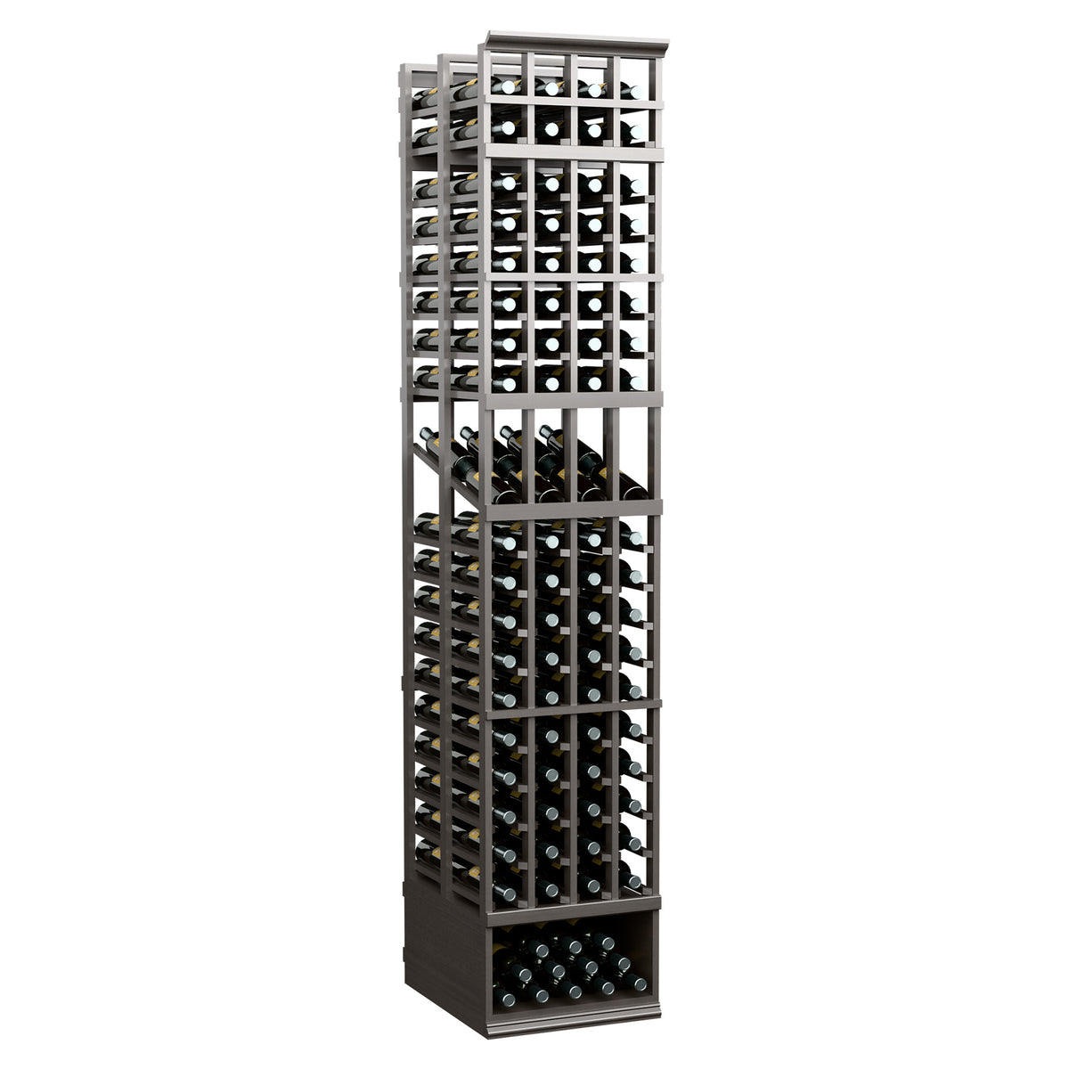 4-column double deep wine display rack in dark wood with front bottle slots
