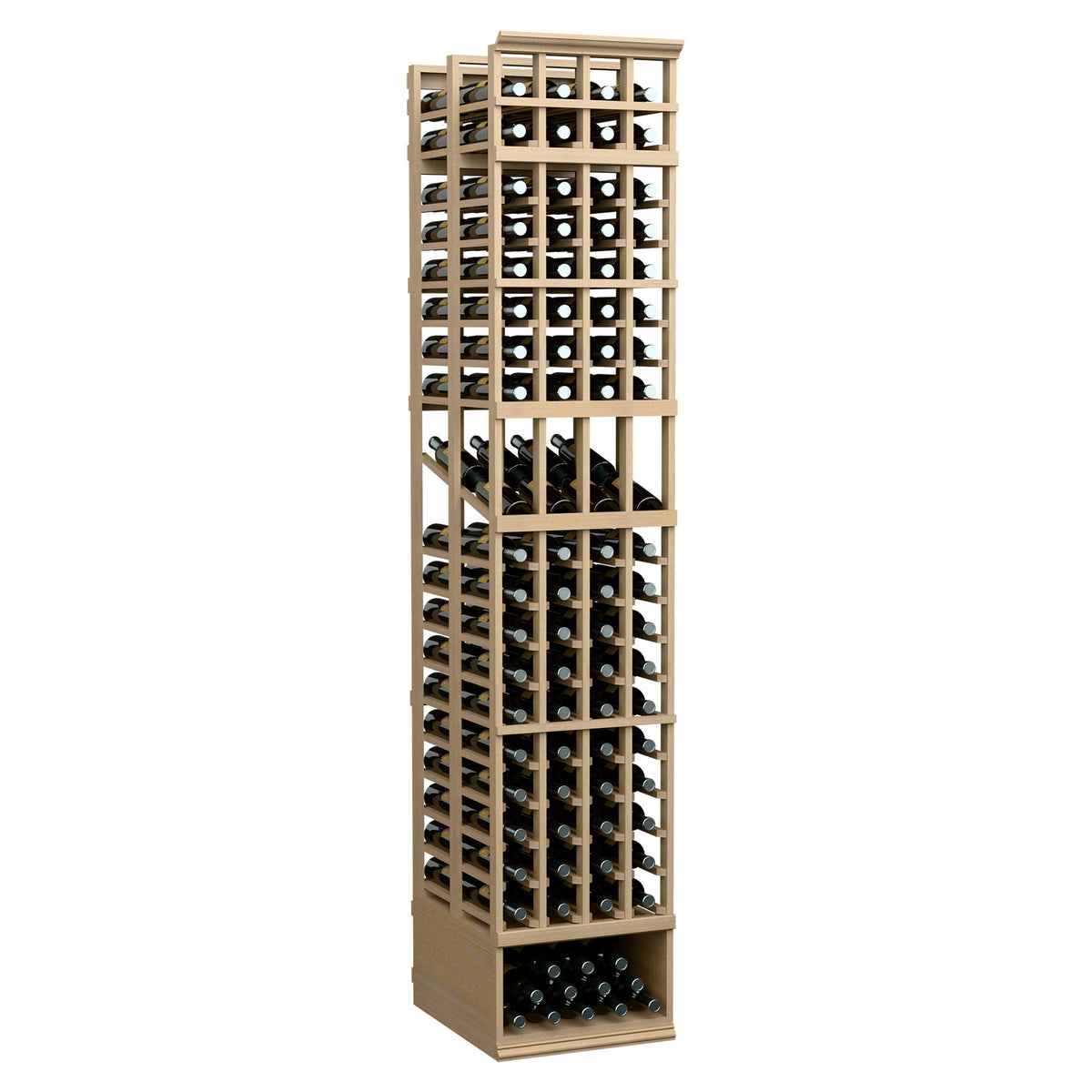 4-column double deep wine display rack in light wood with front bottle slots