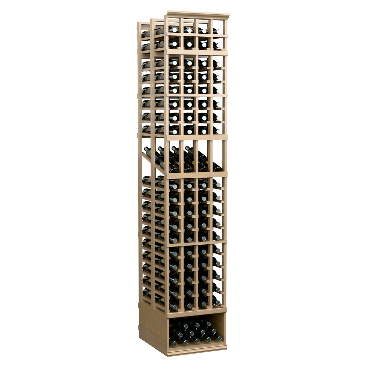 4-column double deep wine display rack in light wood with front bottle slots