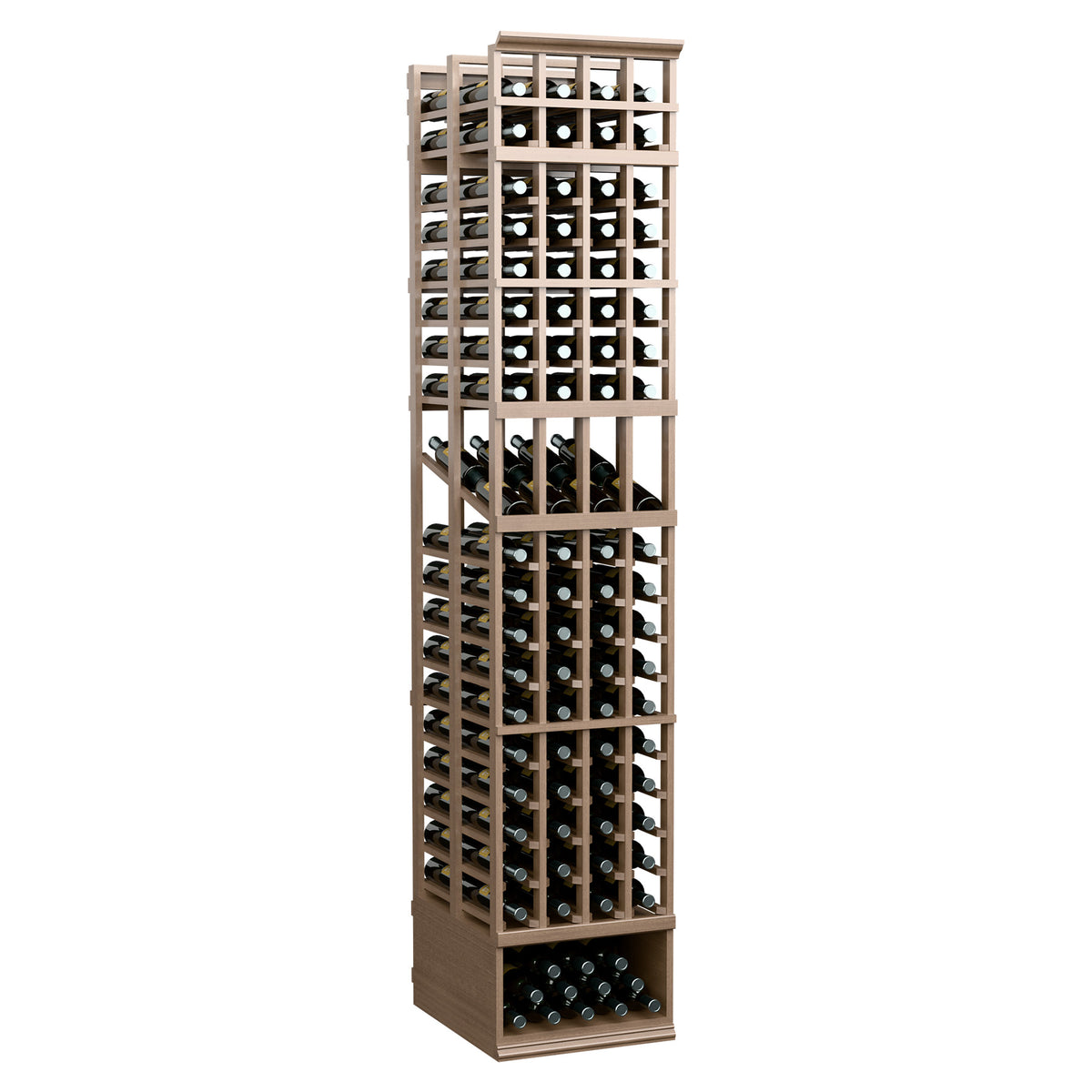 4-column double deep wine display rack in light wood with front bottle slots