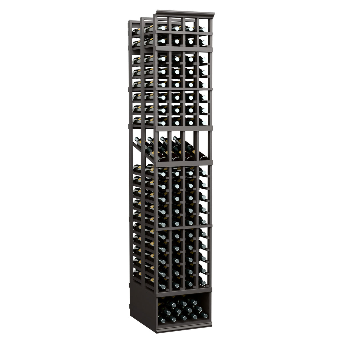 Dark wood 4-column double-deep wine display rack with open grid shelves and base storage