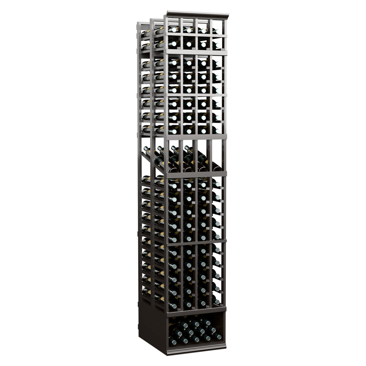 Dark wine storage rack, 4-column double-deep design with bottle slots and bottom tray