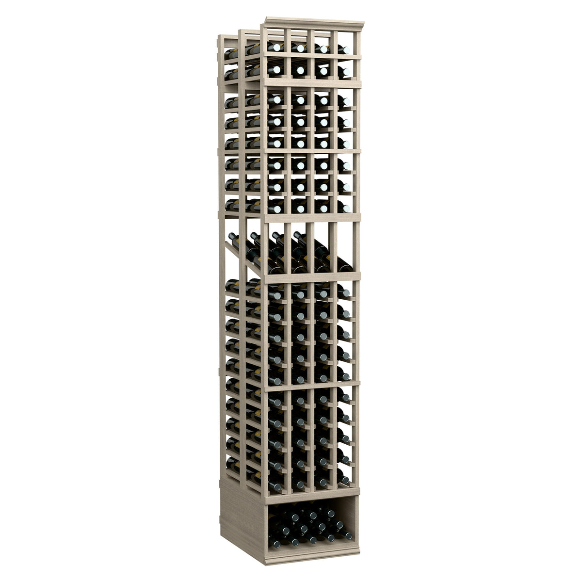 Gray 4-column double-deep wine display rack with bottle cubbies and lower bottle shelf