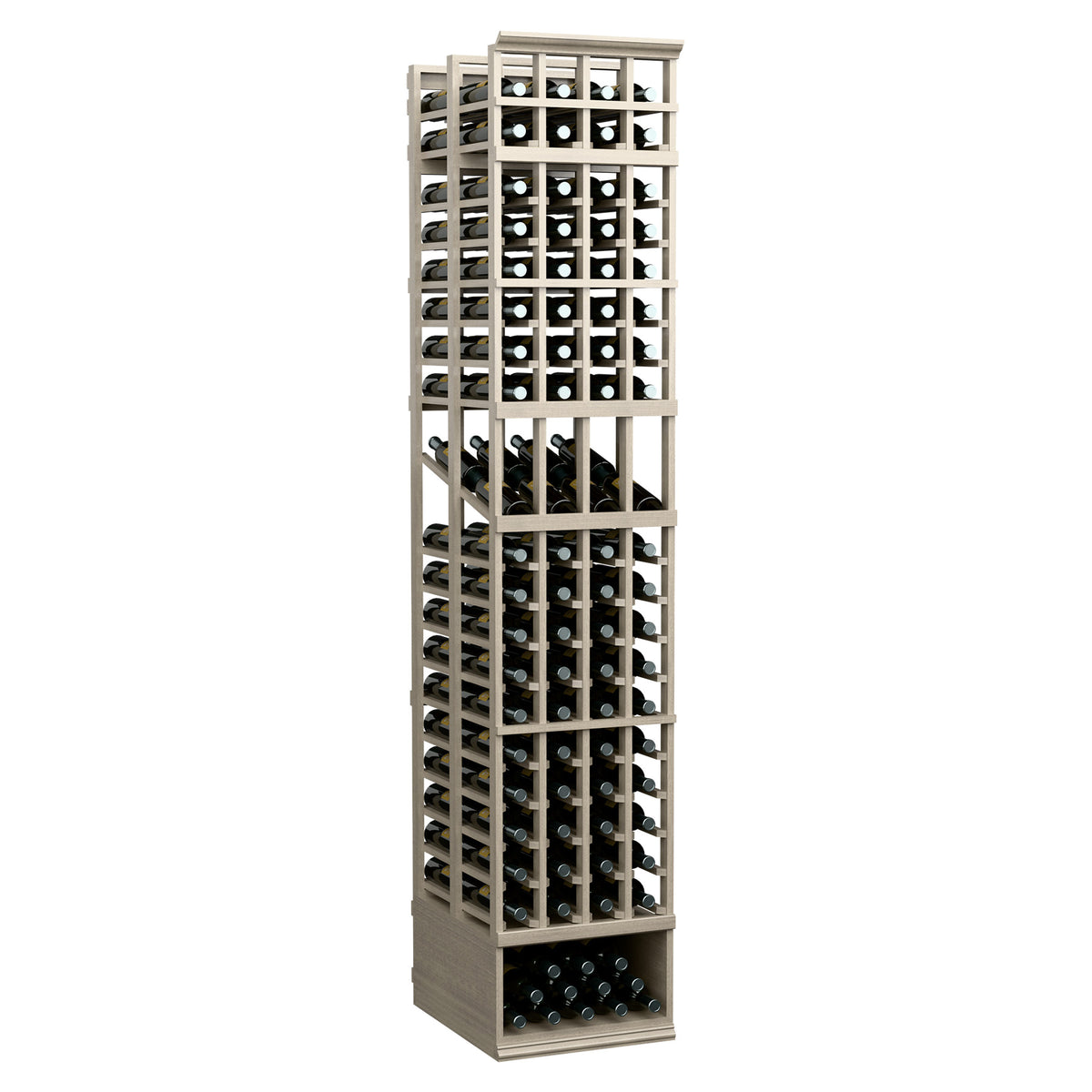 Gray wine rack with 4 columns, double-deep bottle storage and an open frame front