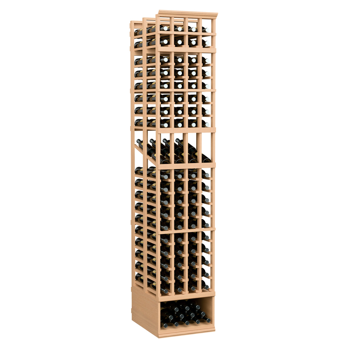 Light wood 4-column double-deep wine display rack with multiple bottle rows and base