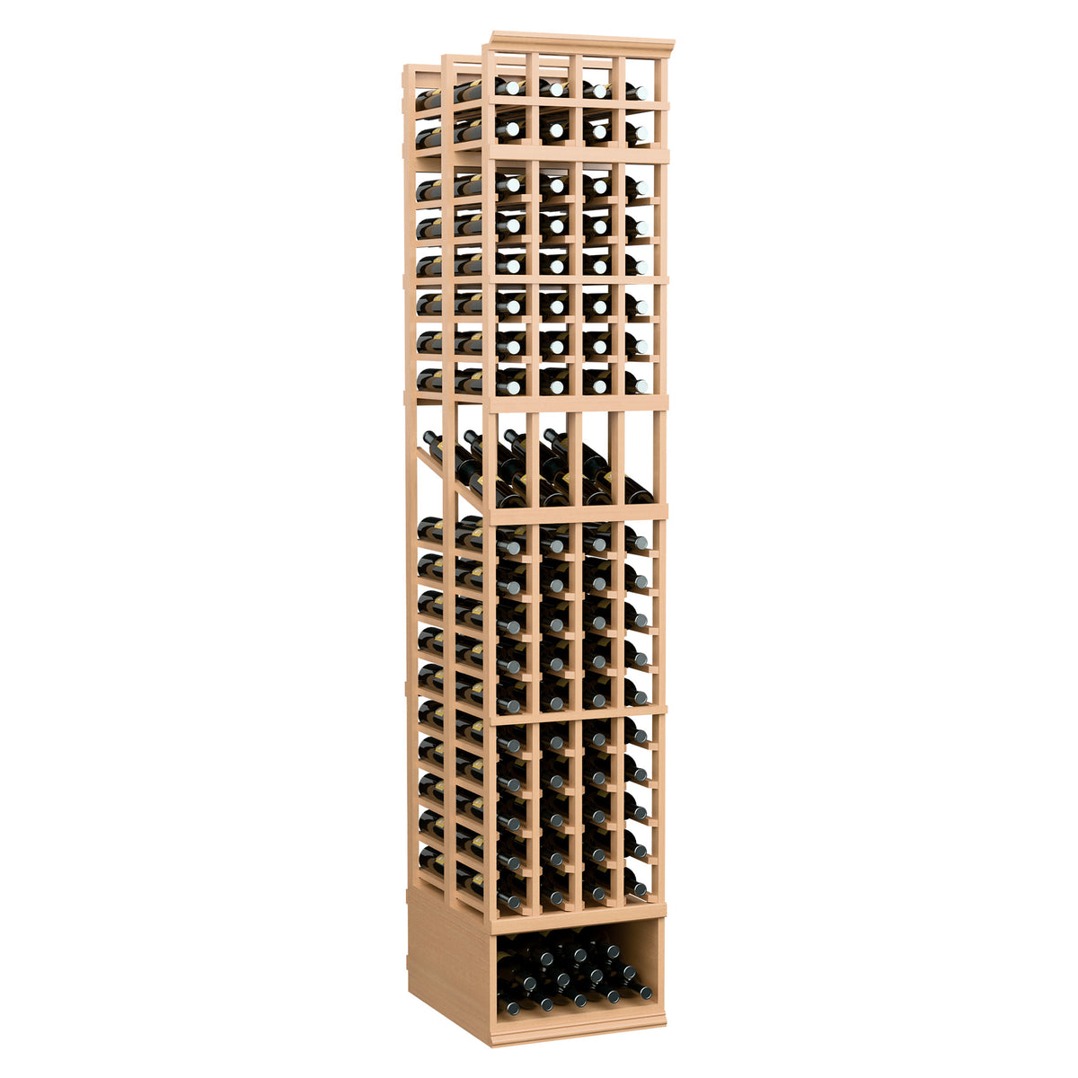 Light tan 4-column double-deep wine rack with open grid frame and bottom storage