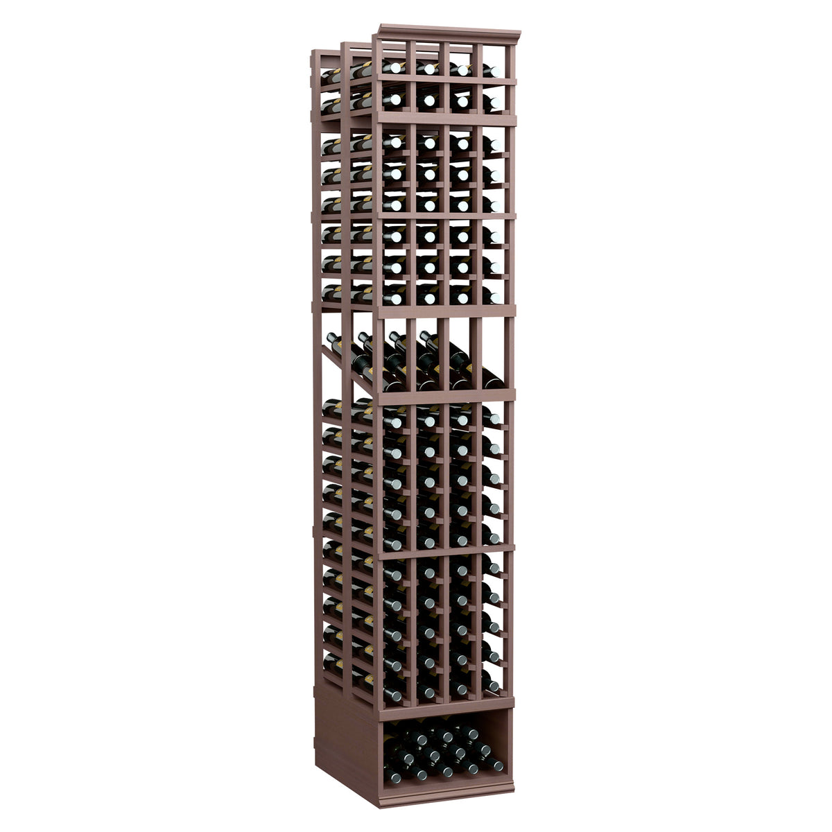 Medium brown 4-column double-deep wine display rack with bottle slots and base tray