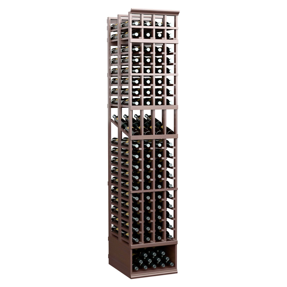 Brown wine rack, 4-column double-deep design with open front frame and bottle storage