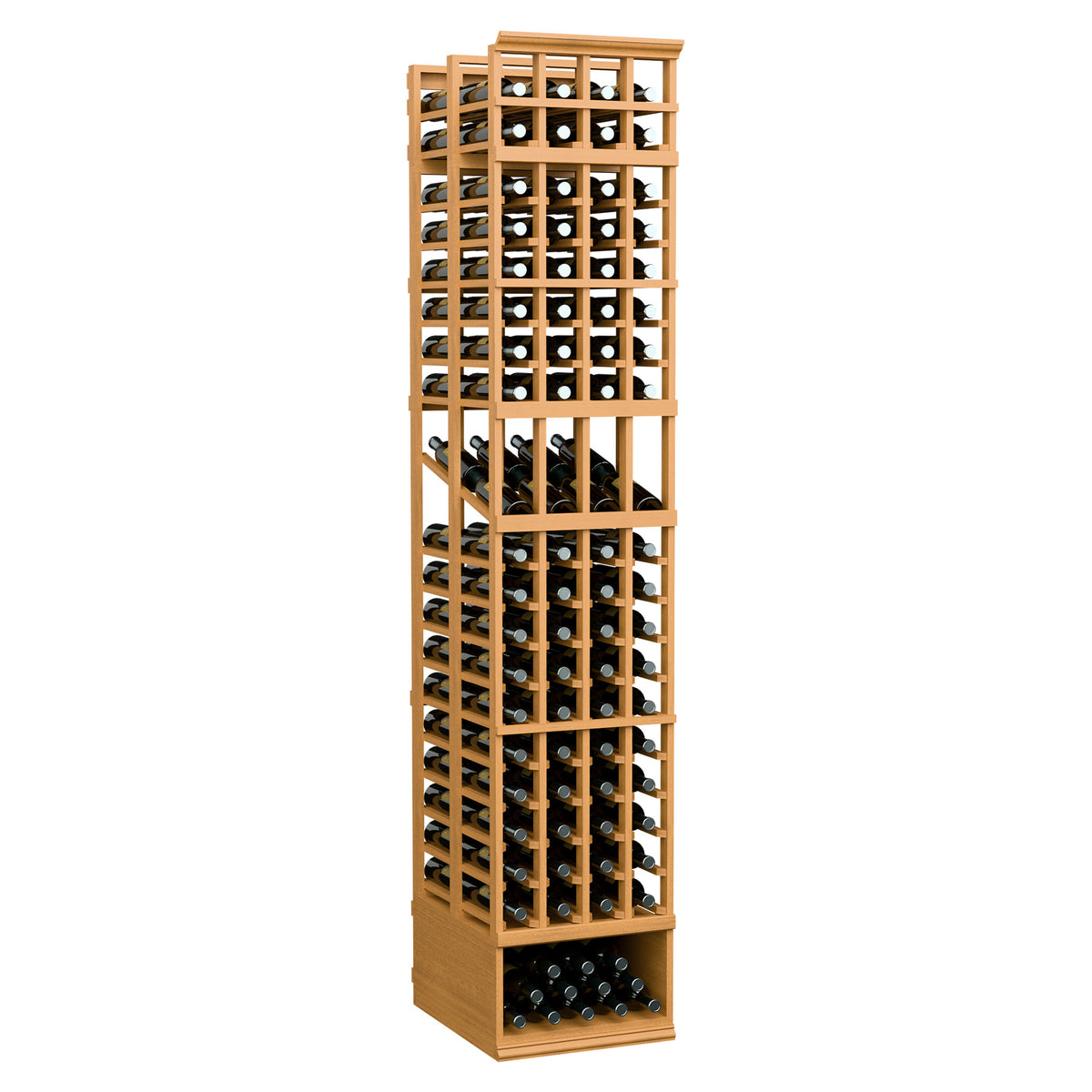 Honey-colored 4-column double-deep wine display rack with bottle cubbies and bottom shelf