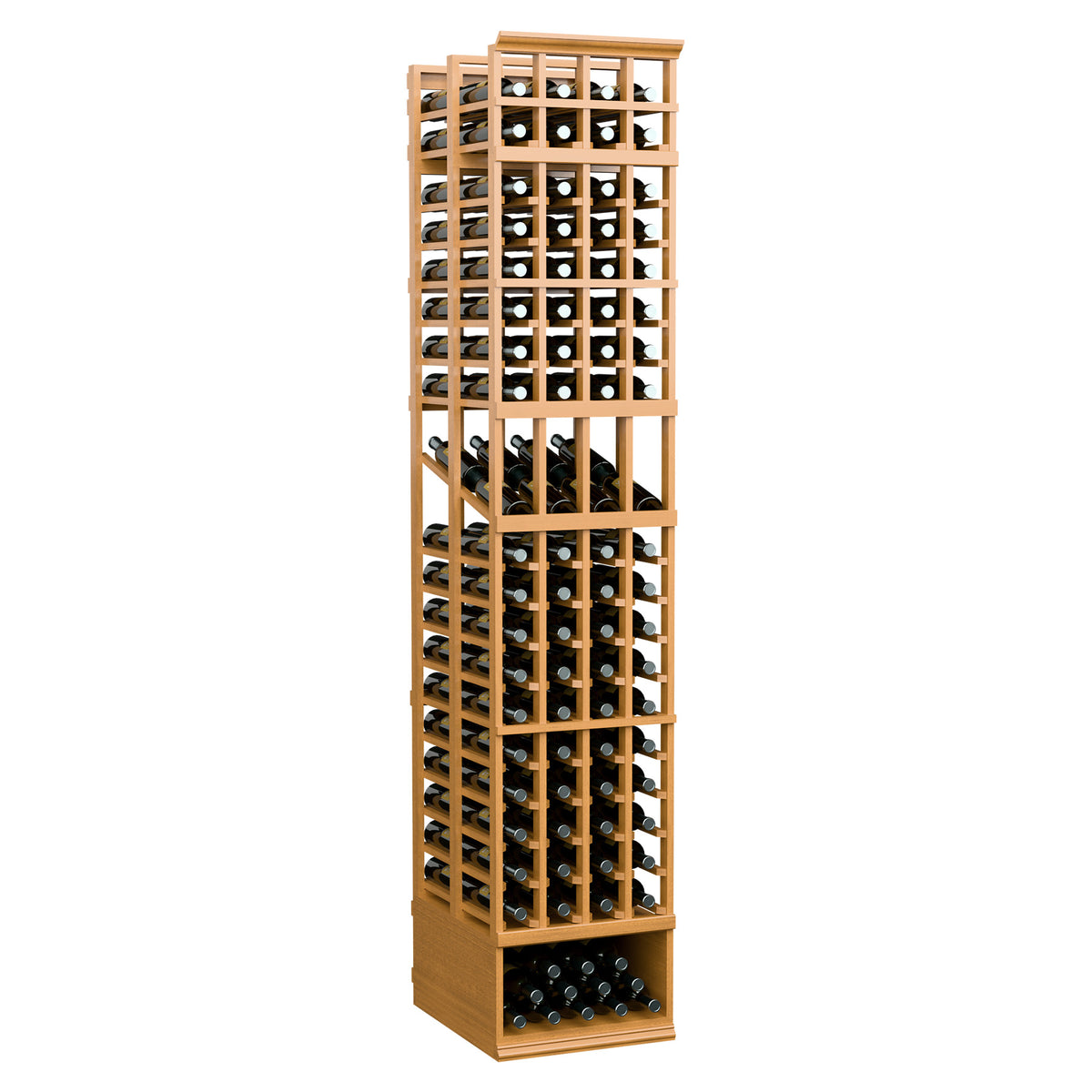 Honey wood 4-column double-deep wine rack with open grid frame and lower bottle tray