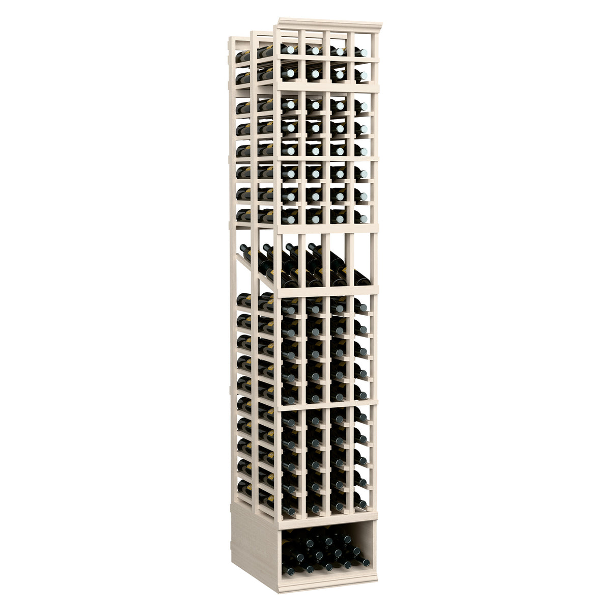 Light wood 4-column double-deep wine bottle display rack with open front grid