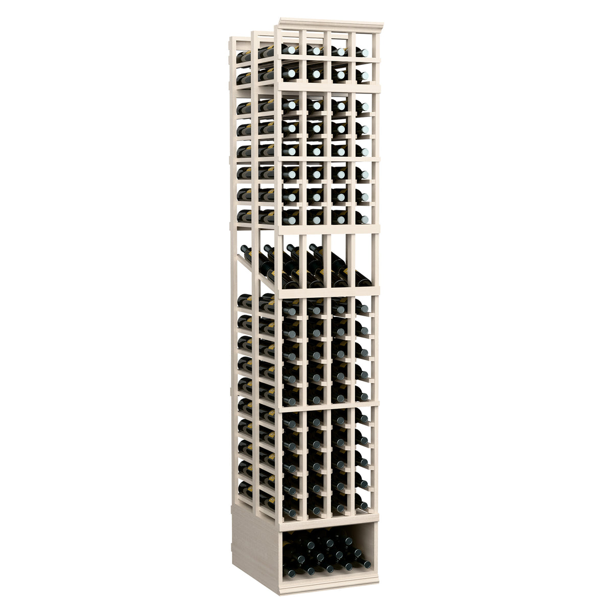 Light wood wine bottle display rack with stacked two-deep rows in a 4-column frame