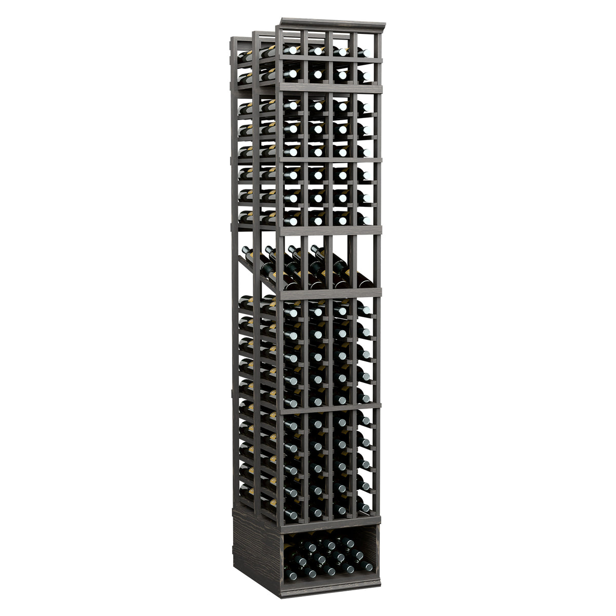 Dark wood 4-column double-deep wine bottle display rack with open front grid rows