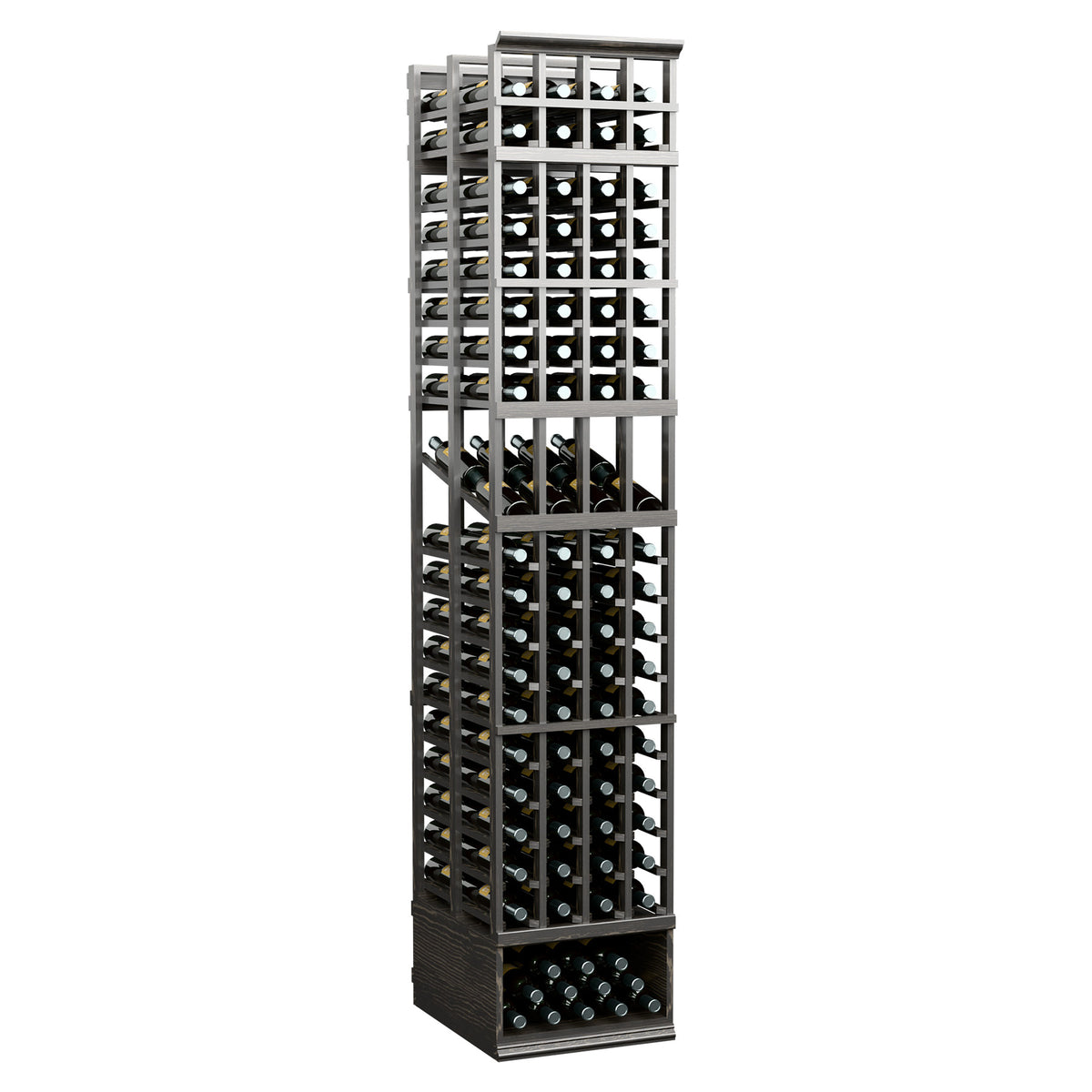Dark wine bottle display rack with stacked two-deep rows and 4-column open frame