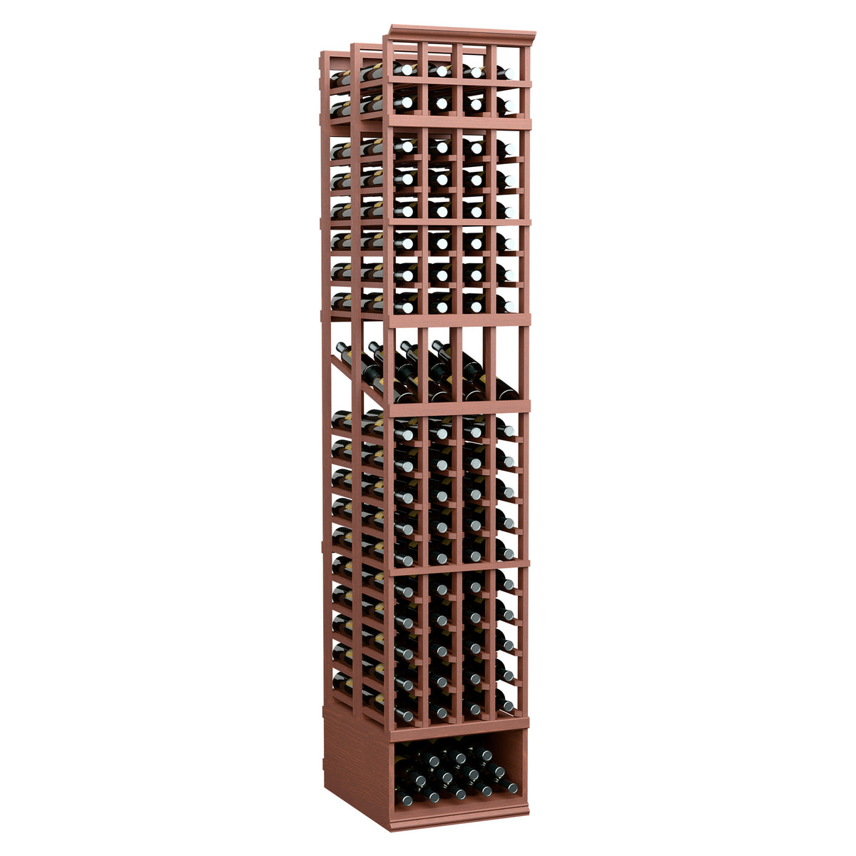 Rust-brown 4-column double-deep wine bottle display rack with open front grid