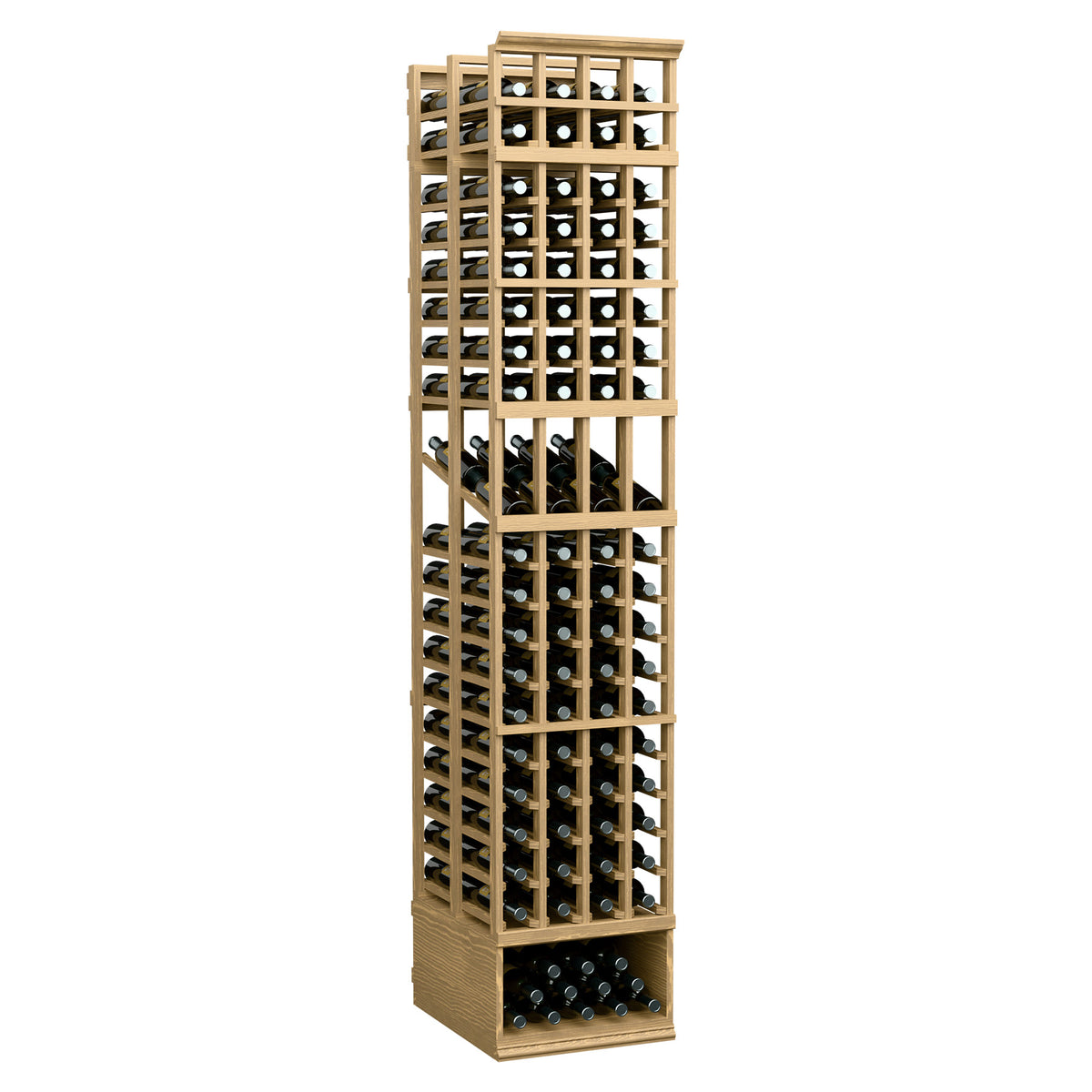 Light honey wood 4-column double-deep wine bottle display rack with open bottle cubbies