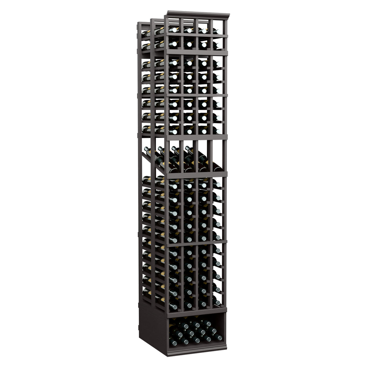 4-column double deep wine display rack in dark wood with front bottle slots