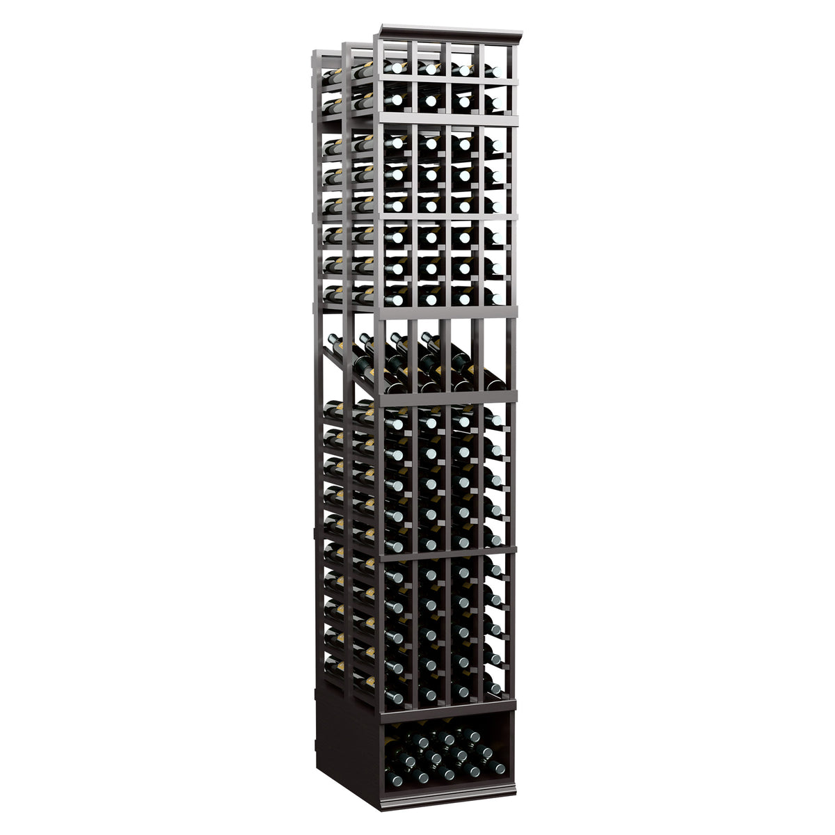 Dark wood 4-column double-deep wine bottle display rack with open front grid cubbies