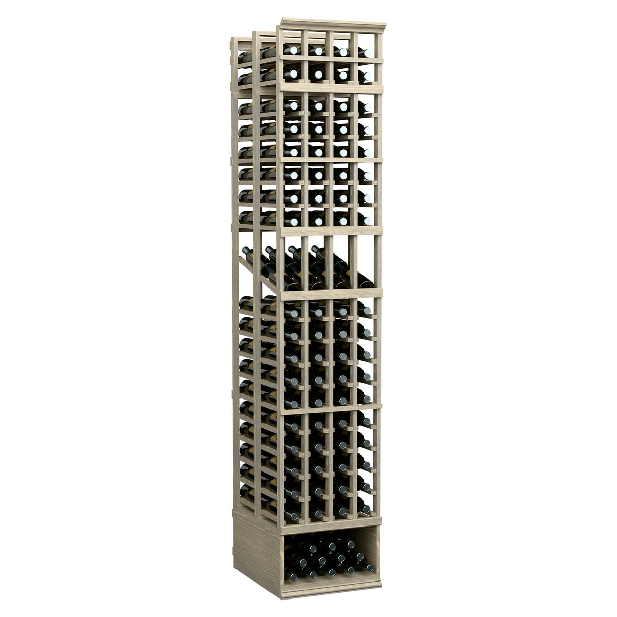 8ft four-column double-deep wine display rack, white frame with bottle slots
