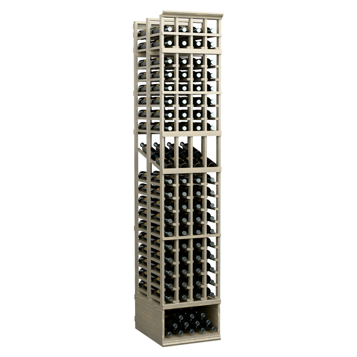8ft four-column double-deep wine display rack, white frame with dark wine tray