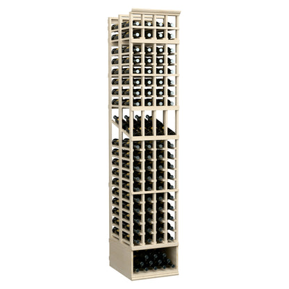 8ft wine display rack, four-column double-deep, white frame with stacked bottle cubbies
