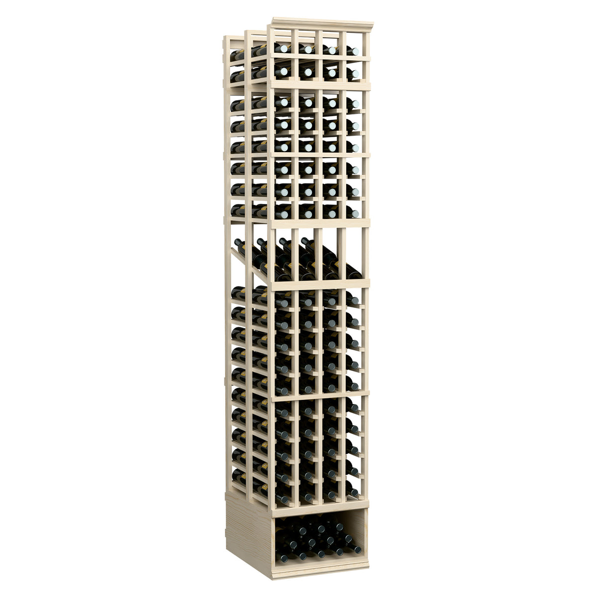 8ft four-column double-deep wine rack, white frame with front bottle openings and base tray