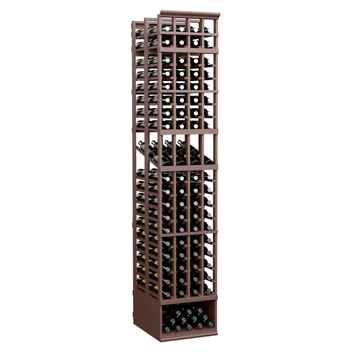 8ft four-column double-deep wine display rack, dark brown frame with bottle slots
