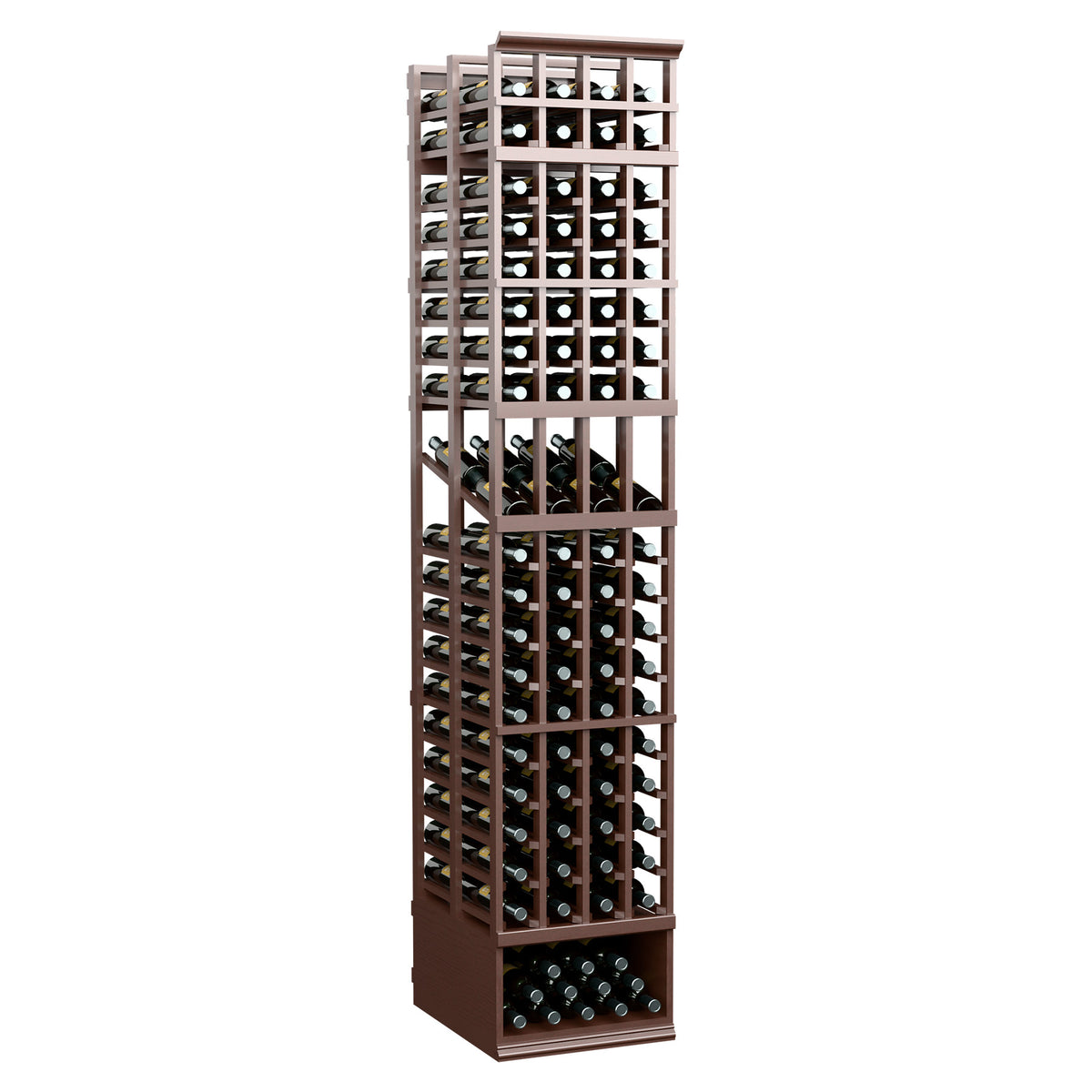 8ft wine display rack, four-column double-deep, dark brown frame with stacked bottle cubbies