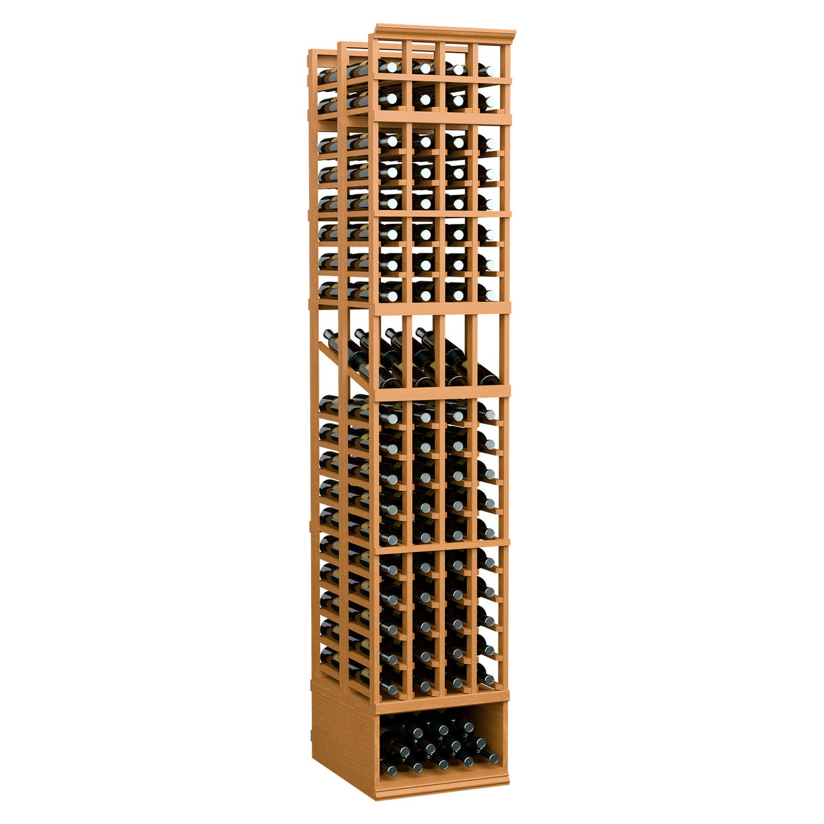 8ft four-column double-deep wine display rack, light wood frame with bottle slots