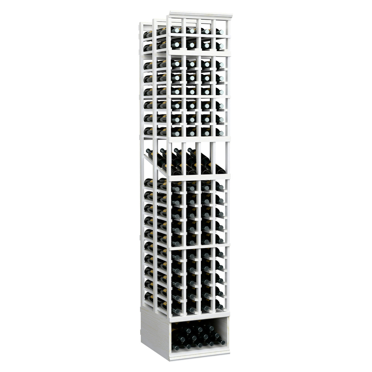 8ft wine display rack, four-column double-deep, white frame with base bottle tray