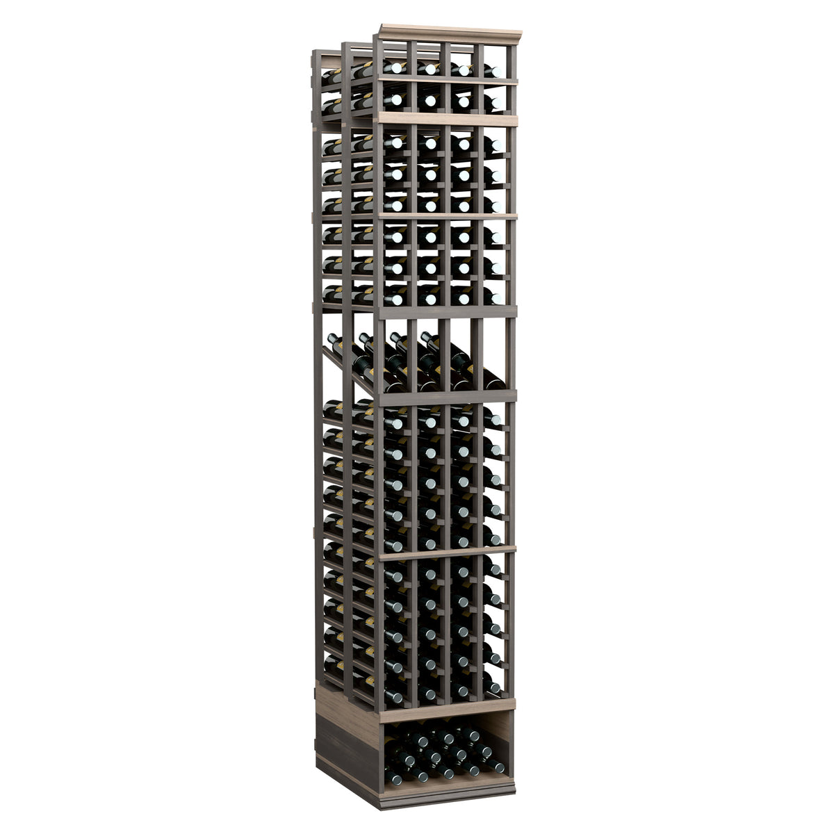 8 ft 4-column double-deep wine display rack with dark frame and bottle slots