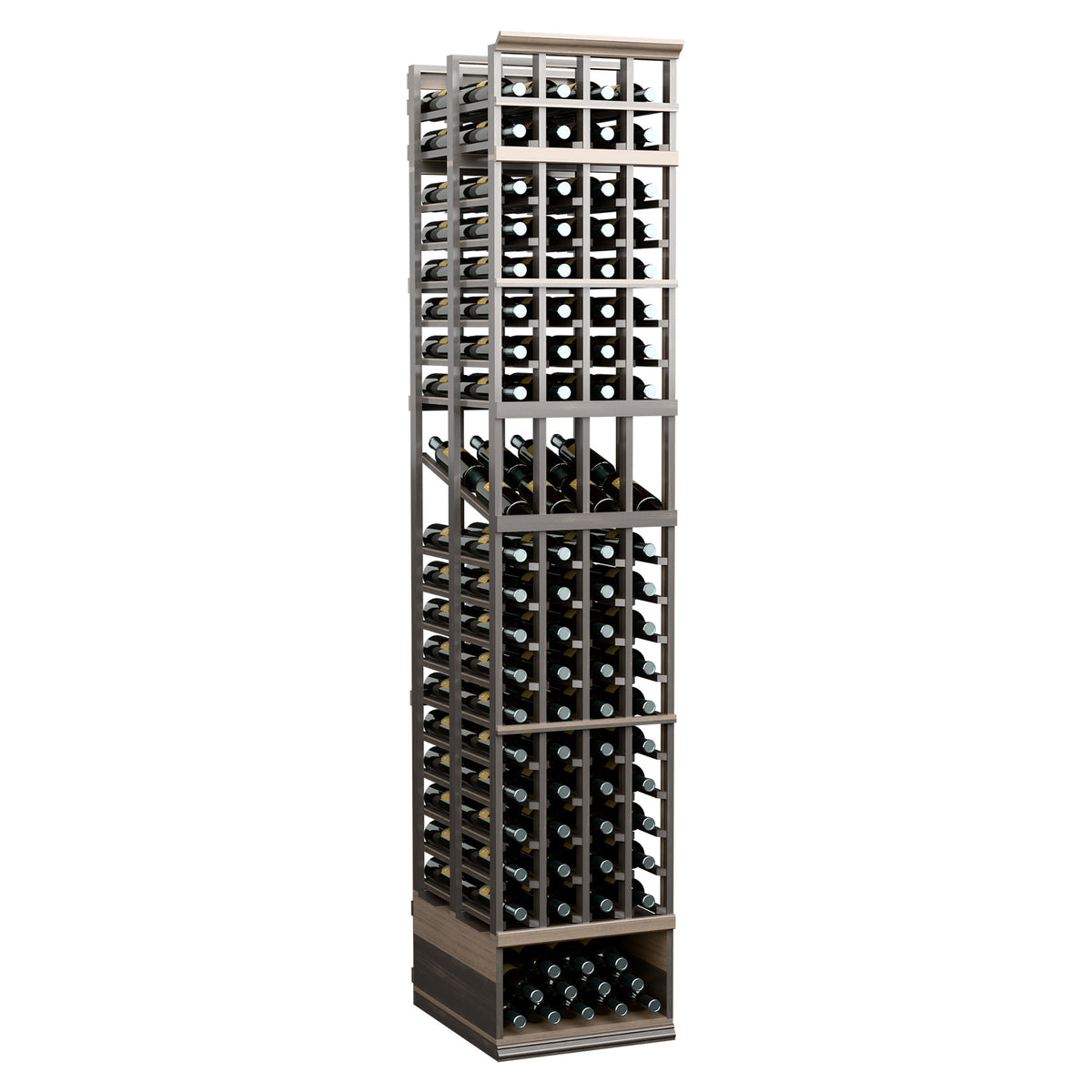 8 ft 4-column double-deep wine display rack with dark frame and front bottle openings