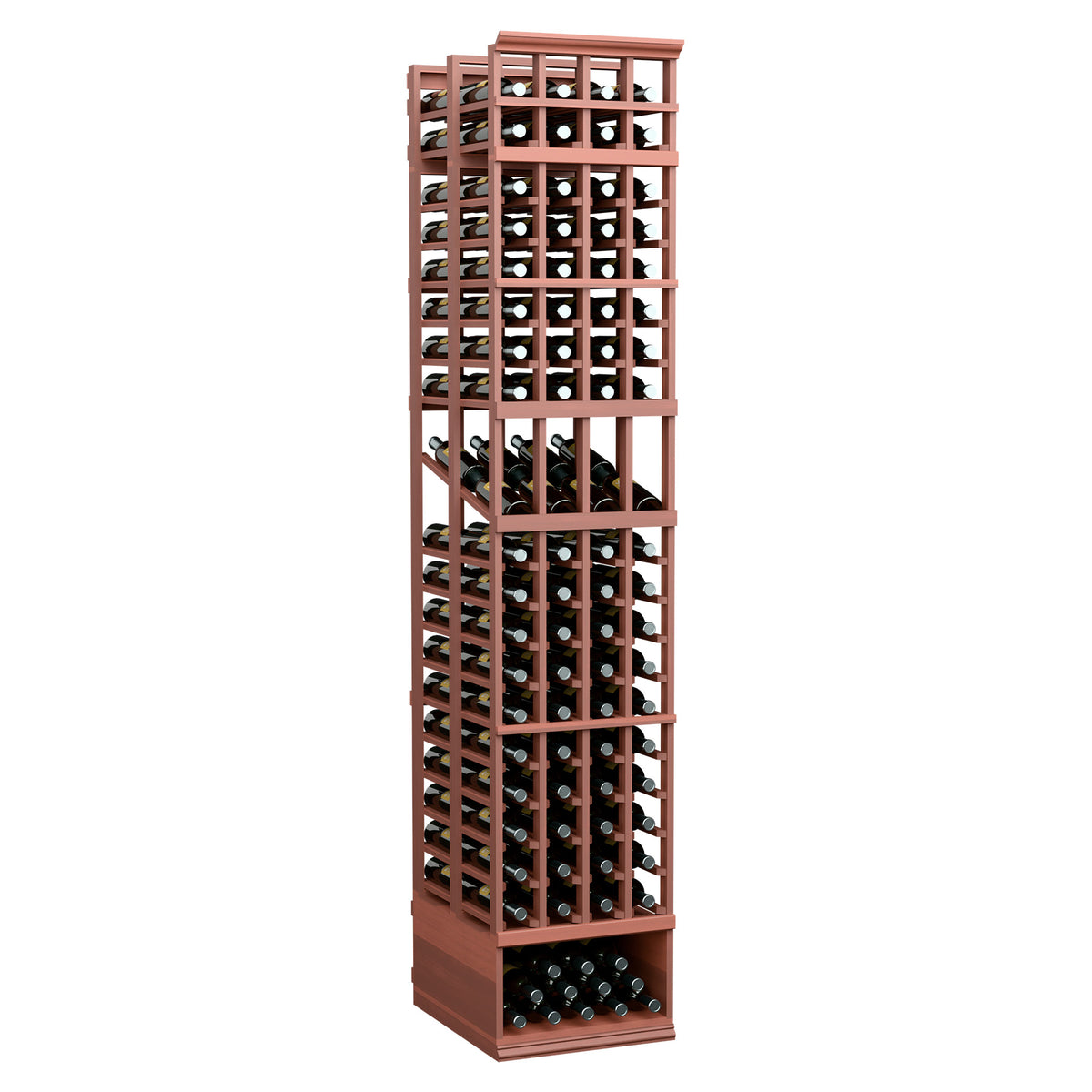 8 ft 4-column double-deep wine display rack with red wood frame and bottle slots