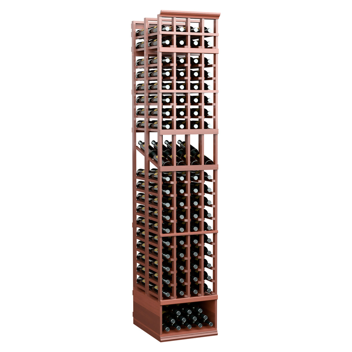 8 ft 4-column double-deep wine display rack with red wood frame and row bottle openings