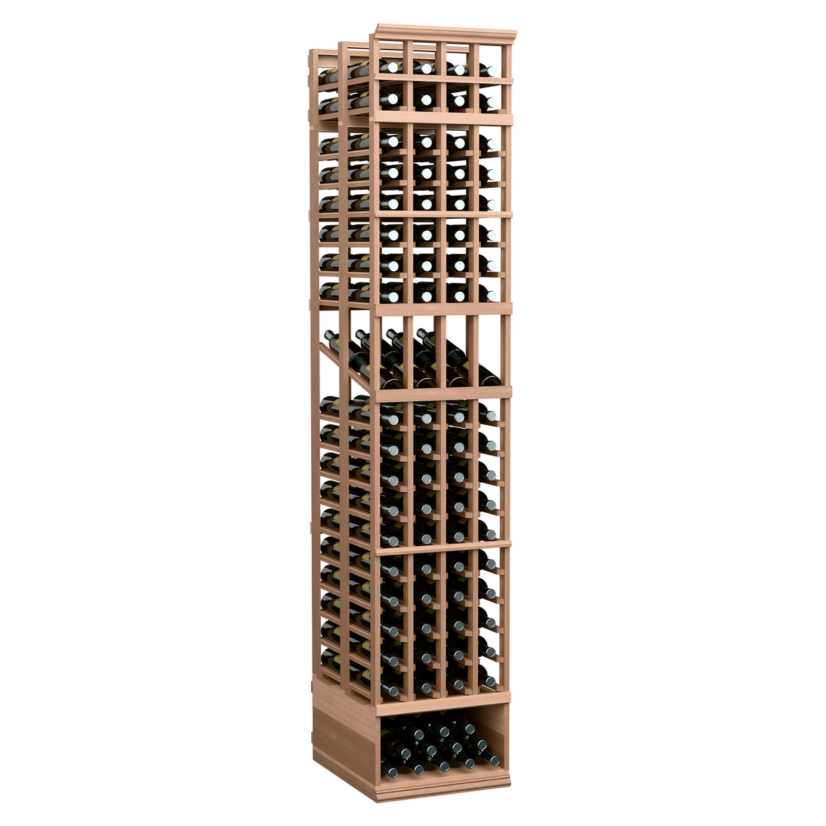 8 ft 4-column double-deep wine display rack with light wood frame and bottle slots