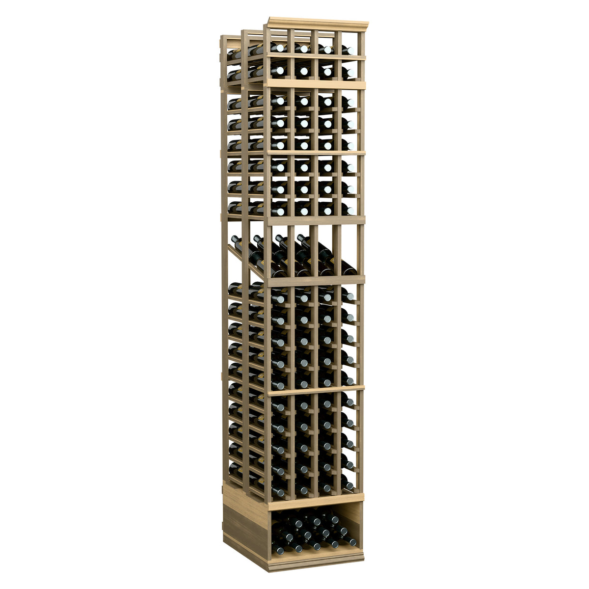 8 ft 4-column double-deep wine display rack with light wood frame and wire grid sides