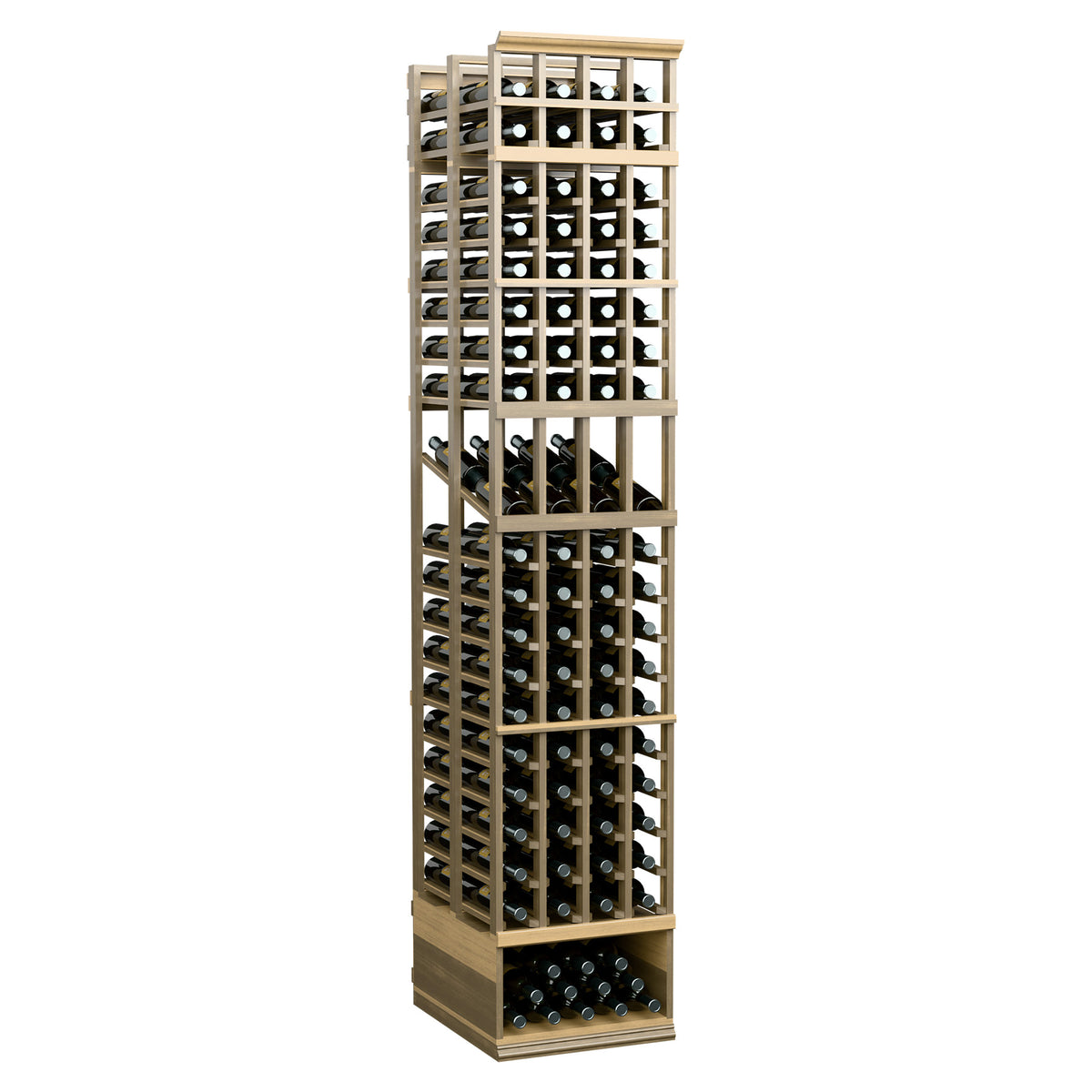 8 ft 4-column double-deep wine display rack with light wood frame and front bottle openings