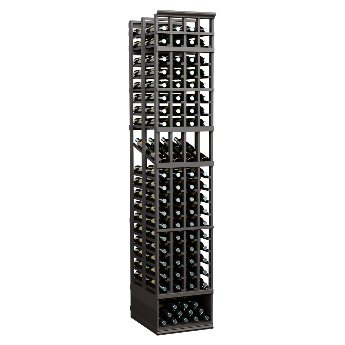 8 ft 4-column double-deep wine display rack with dark wood frame and bottle slots